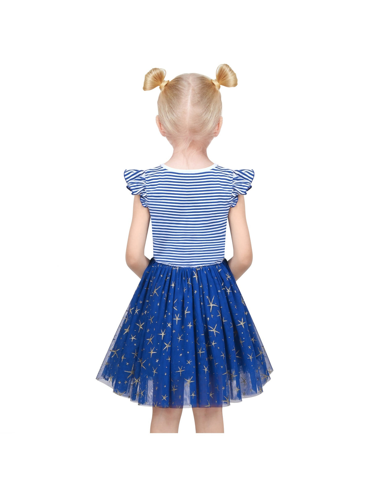 Girls Dress Tutu Skirt Cake Layered Grey Suspender Shiny Star Sleeveless - Blue Striped