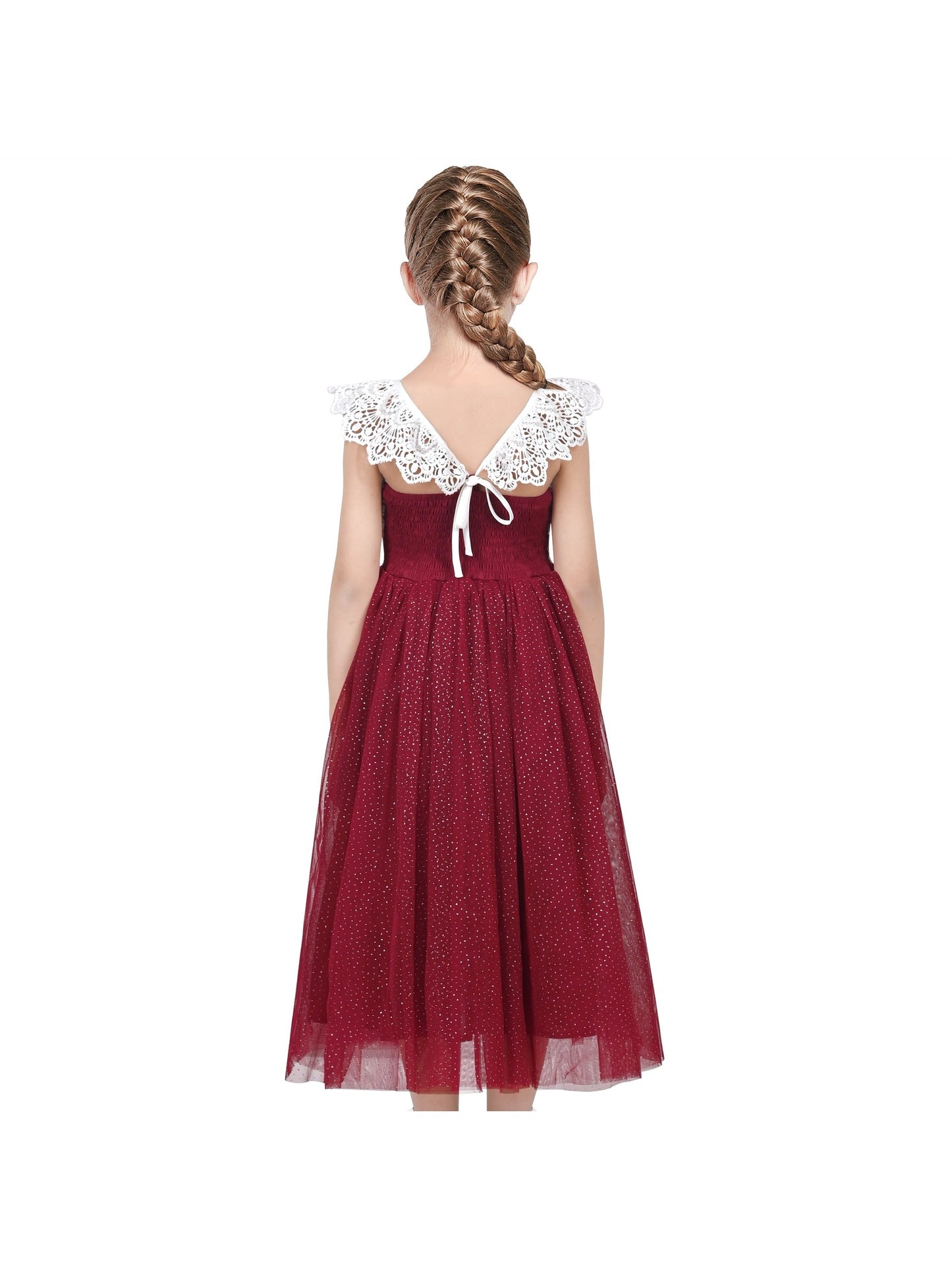 Girls Dress Rose Red Lace Tulle Hollow Elegant Party Pageant Ceremony Red