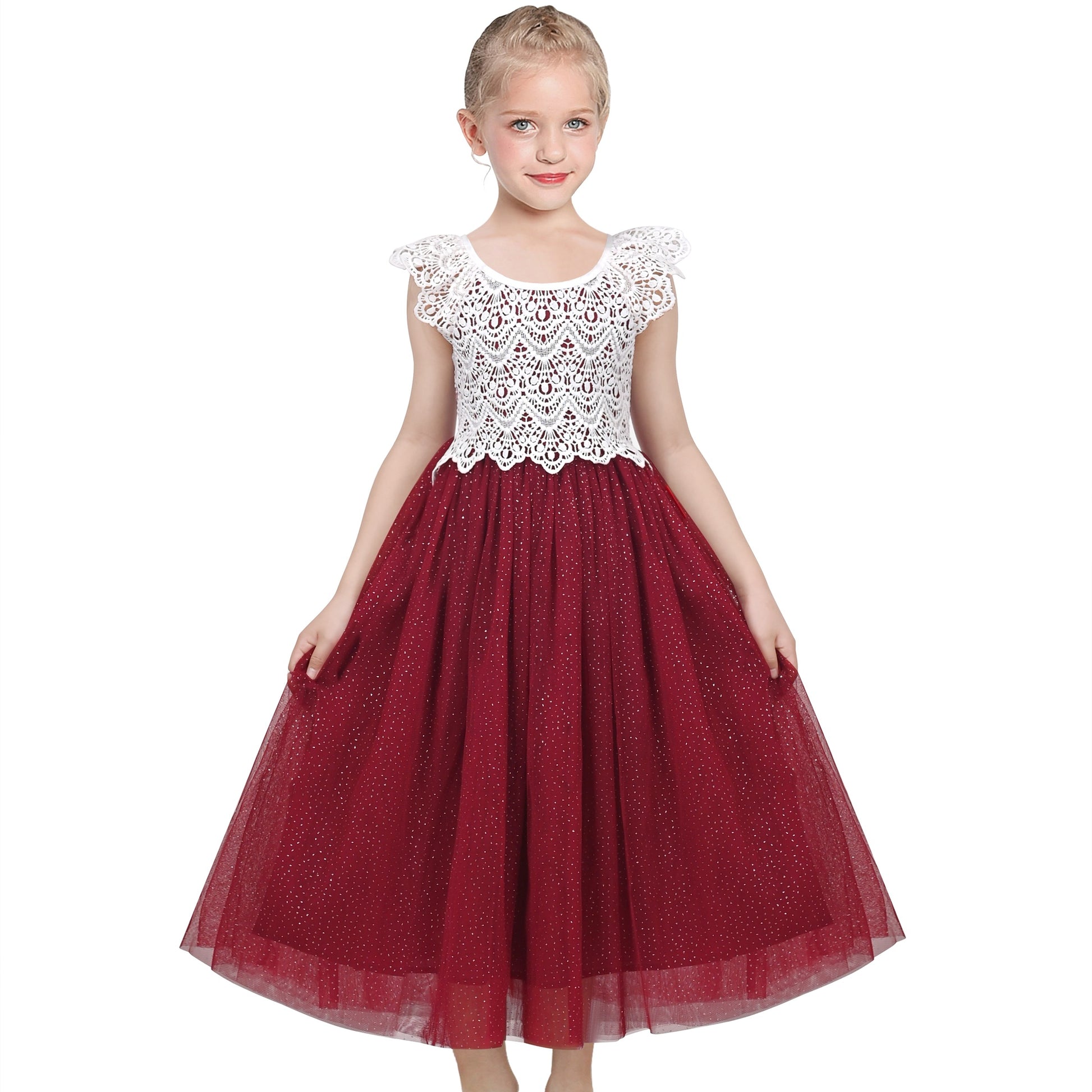 Girls Dress Rose Red Lace Tulle Hollow Elegant Party Pageant Ceremony Red