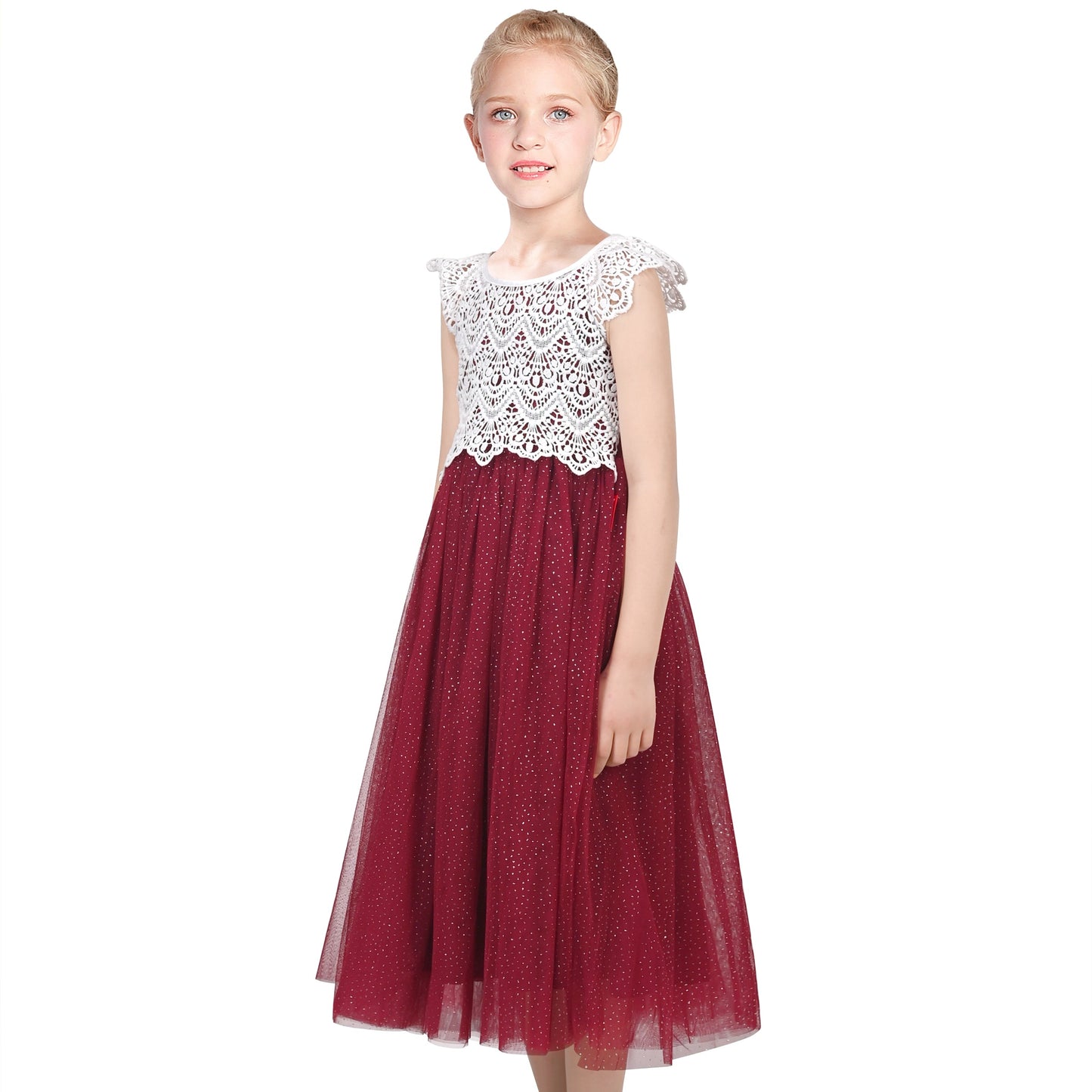 Girls Dress Rose Red Lace Tulle Hollow Elegant Party Pageant Ceremony Red