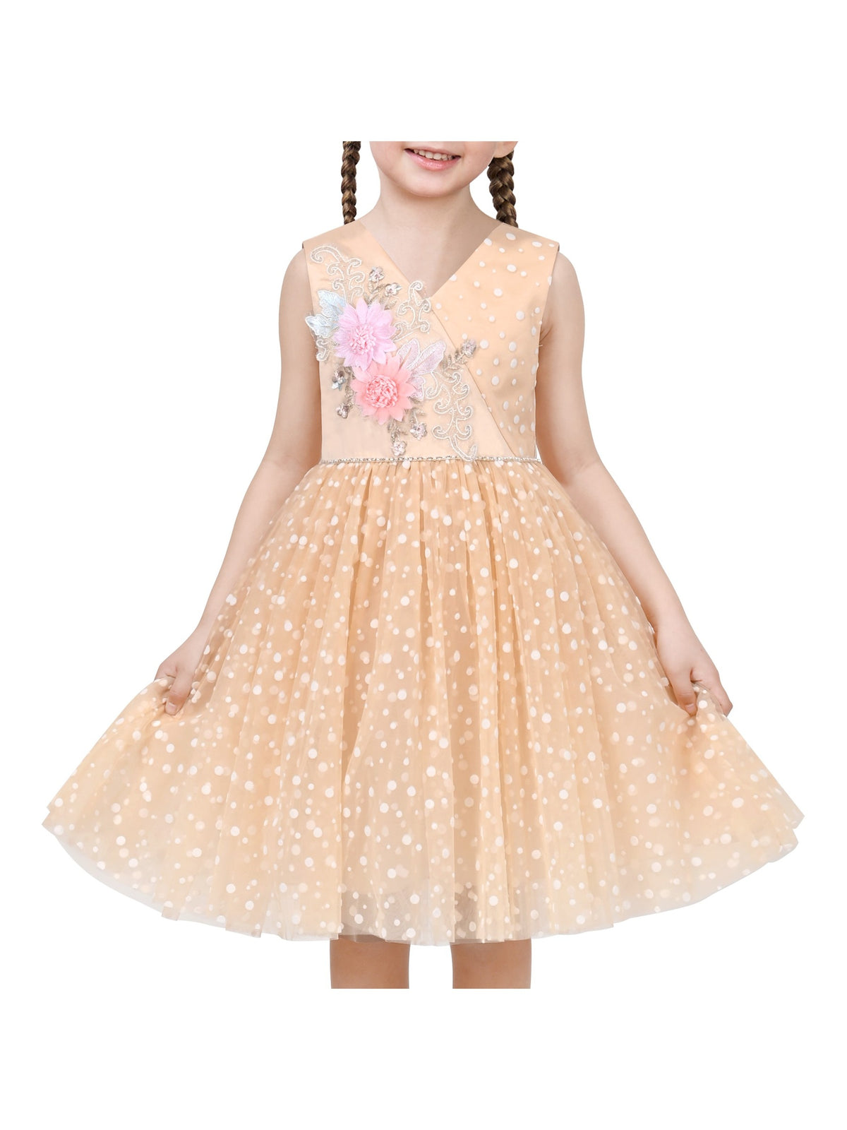 Girls Pink Floral Multilayer Ruffle Tulle Sleeveless Sequin Princess - Beige V Neck