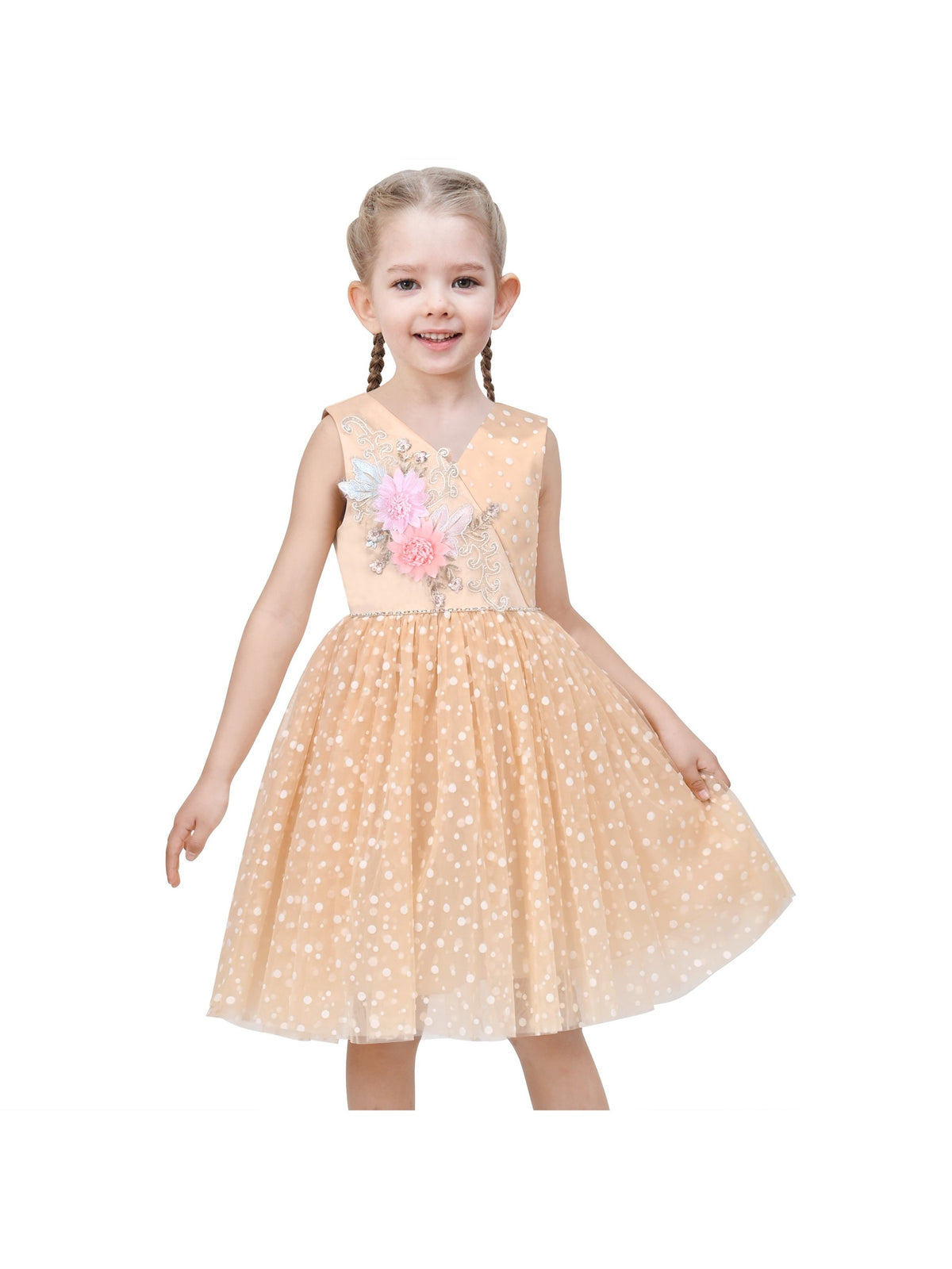 Girls Pink Floral Multilayer Ruffle Tulle Sleeveless Sequin Princess - Beige V Neck