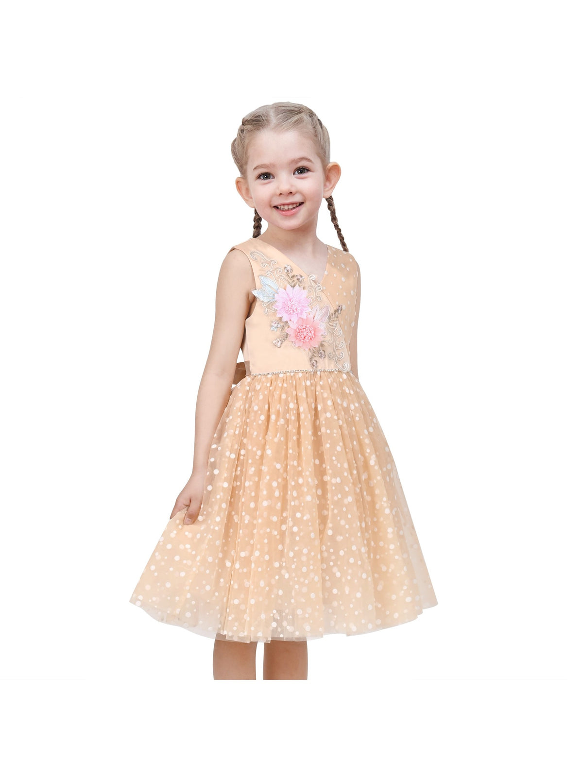 Girls Pink Floral Multilayer Ruffle Tulle Sleeveless Sequin Princess - Beige V Neck