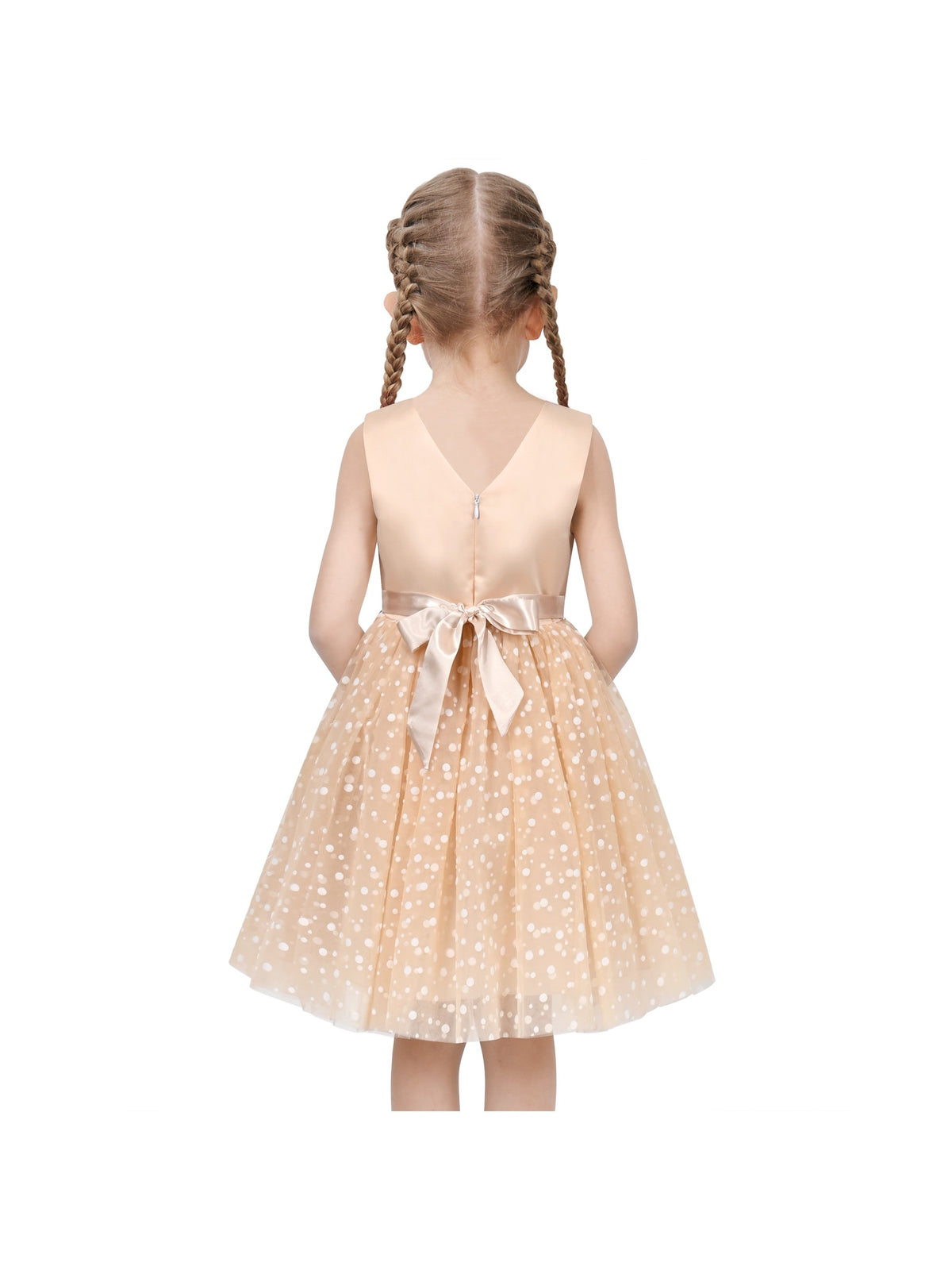 Girls Pink Floral Multilayer Ruffle Tulle Sleeveless Sequin Princess - Beige V Neck