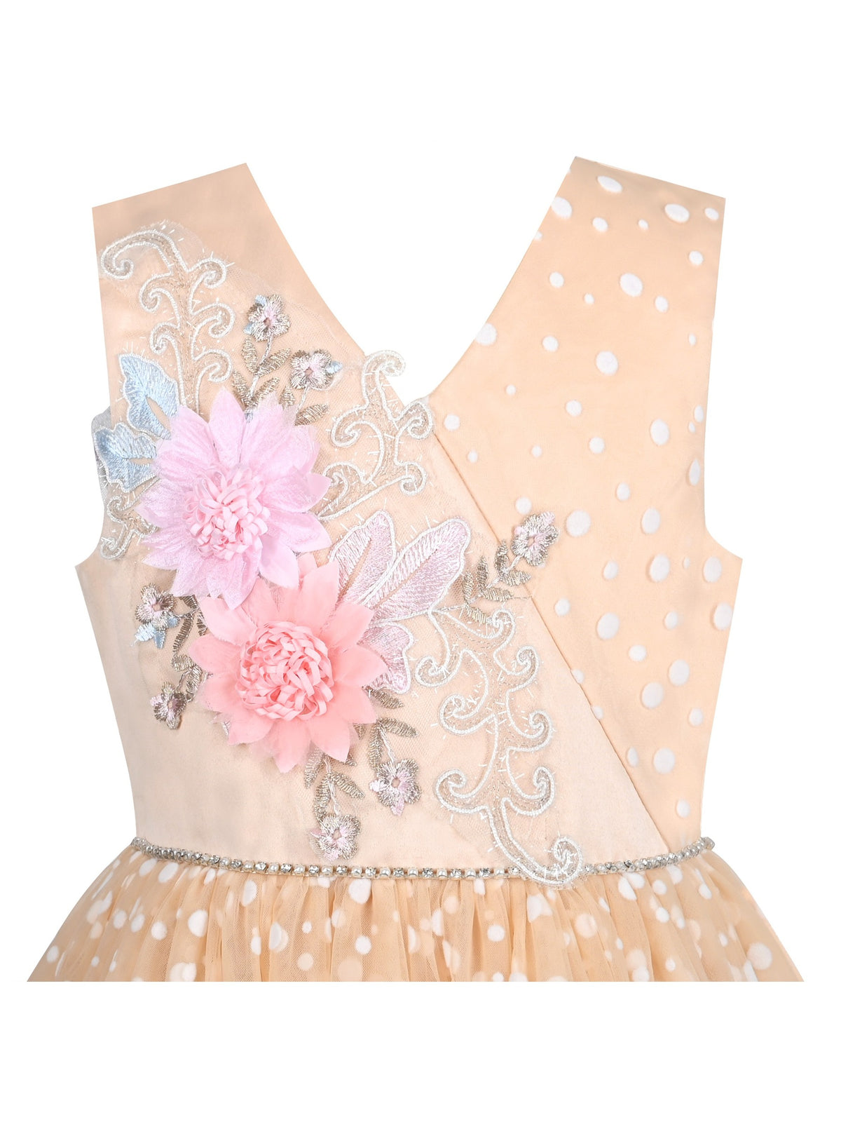Girls Pink Floral Multilayer Ruffle Tulle Sleeveless Sequin Princess - Beige V Neck
