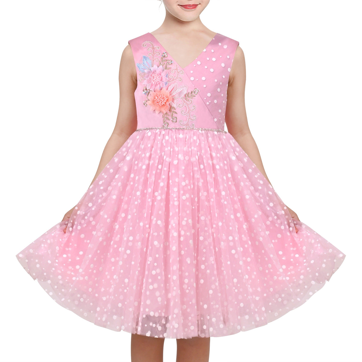 Girls Pink Floral Multilayer Ruffle Tulle Sleeveless Sequin Princess - Pink V Neck