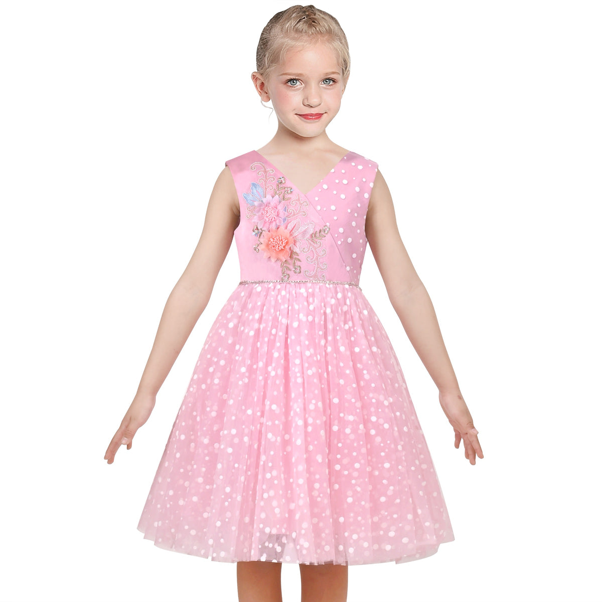 Girls Pink Floral Multilayer Ruffle Tulle Sleeveless Sequin Princess - Pink V Neck