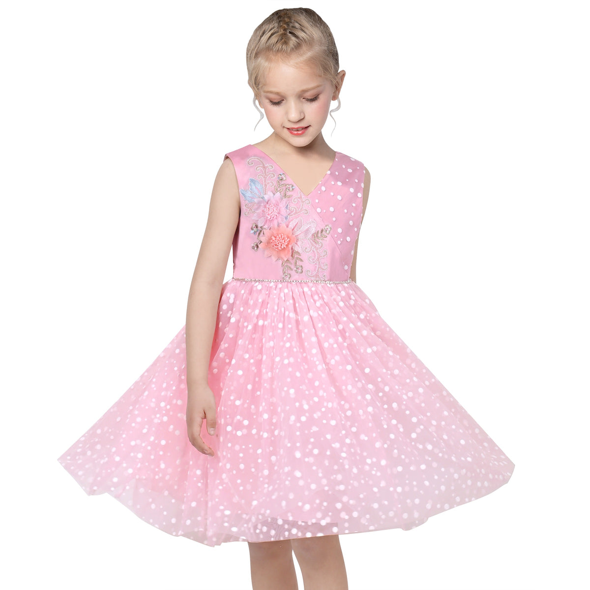 Girls Pink Floral Multilayer Ruffle Tulle Sleeveless Sequin Princess - Pink V Neck