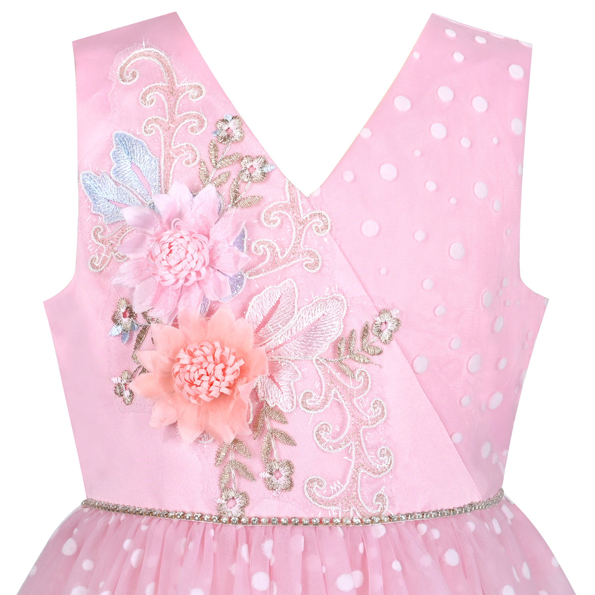 Girls Pink Floral Multilayer Ruffle Tulle Sleeveless Sequin Princess - Pink V Neck