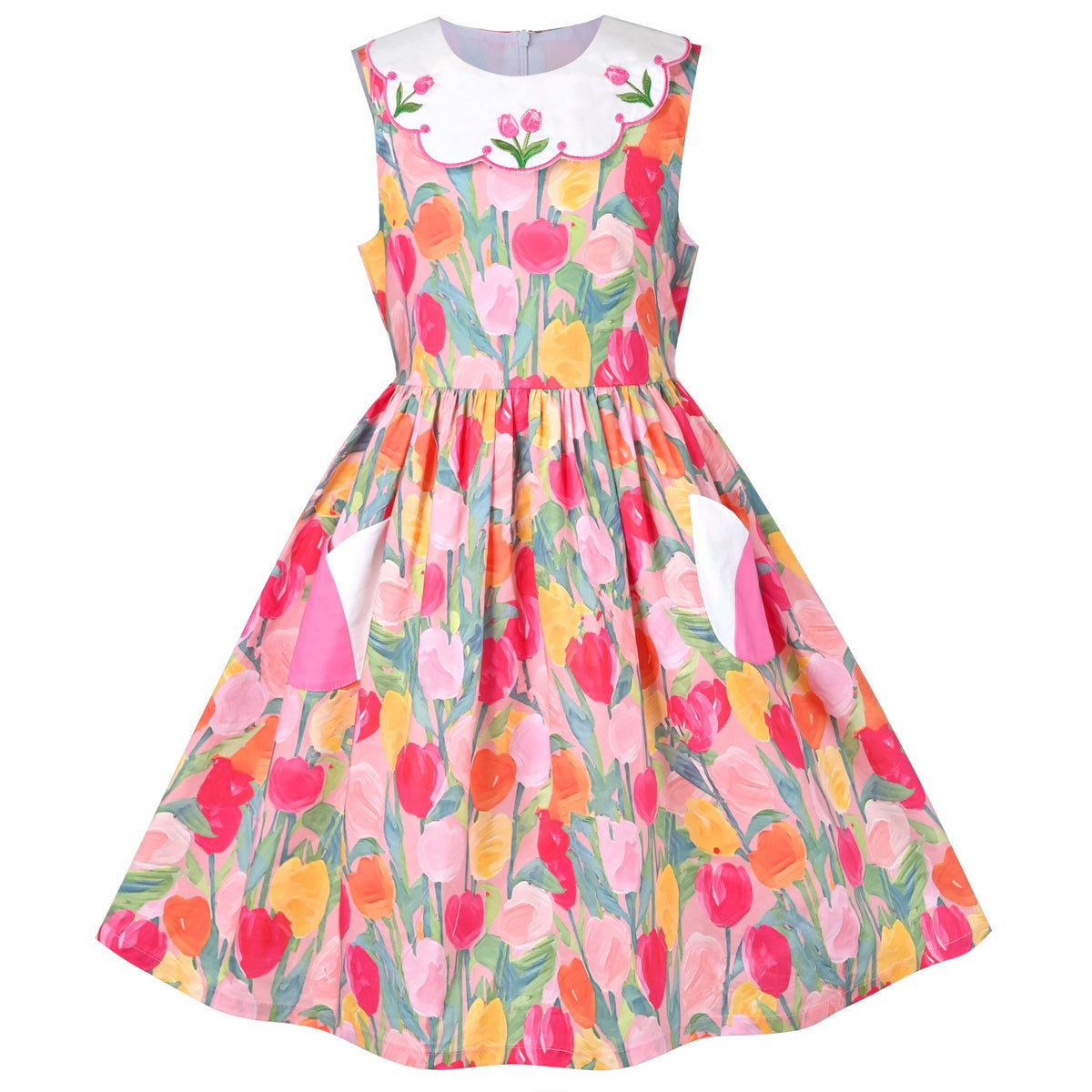 Girls Dress Floral Strawberry Embroidery Pocket Sleeveless Casual Party - Pink Tulip