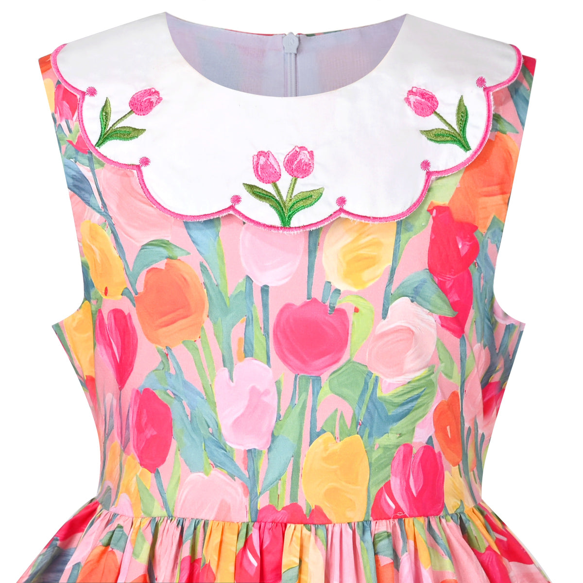 Girls Dress Floral Strawberry Embroidery Pocket Sleeveless Casual Party - Pink Tulip