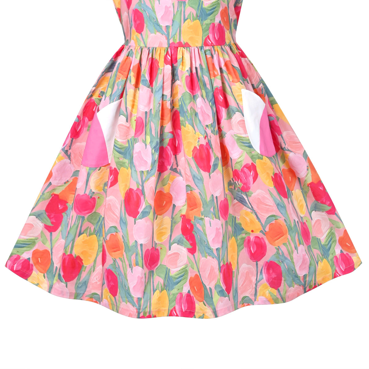 Girls Dress Floral Strawberry Embroidery Pocket Sleeveless Casual Party - Pink Tulip