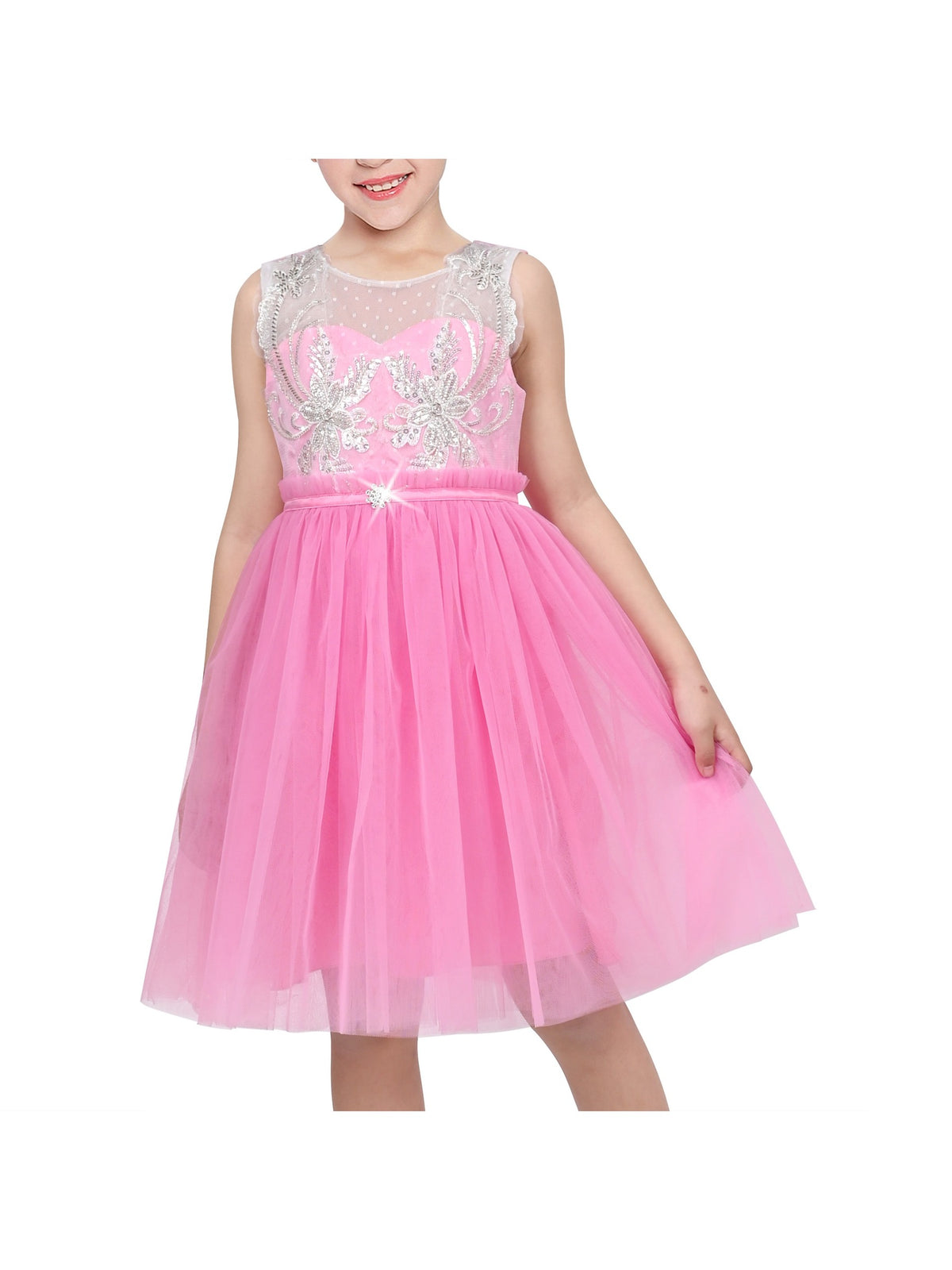 Girls Pink Floral Multilayer Ruffle Tulle Sleeveless Sequin Princess - Pink Rhinestone