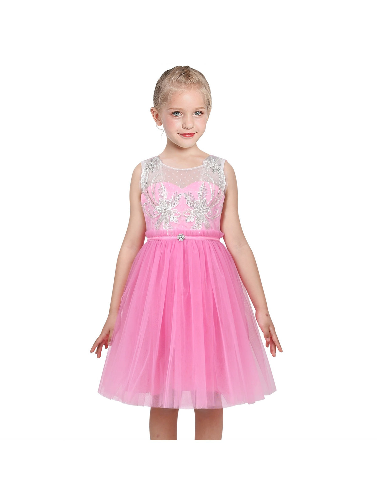 Girls Pink Floral Multilayer Ruffle Tulle Sleeveless Sequin Princess - Pink Rhinestone
