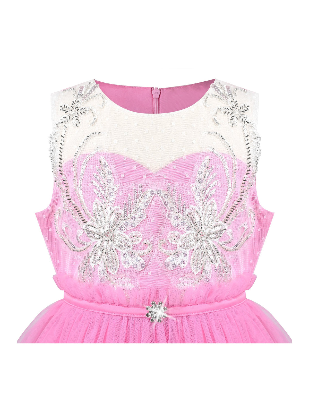 Girls Pink Floral Multilayer Ruffle Tulle Sleeveless Sequin Princess - Pink Rhinestone