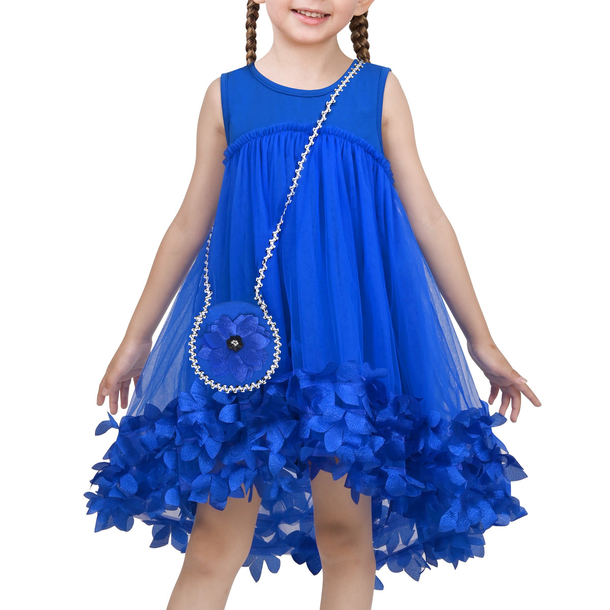 Girls Dress Turquoise Dimensional Flower Birthday Wedding Dress - Blue