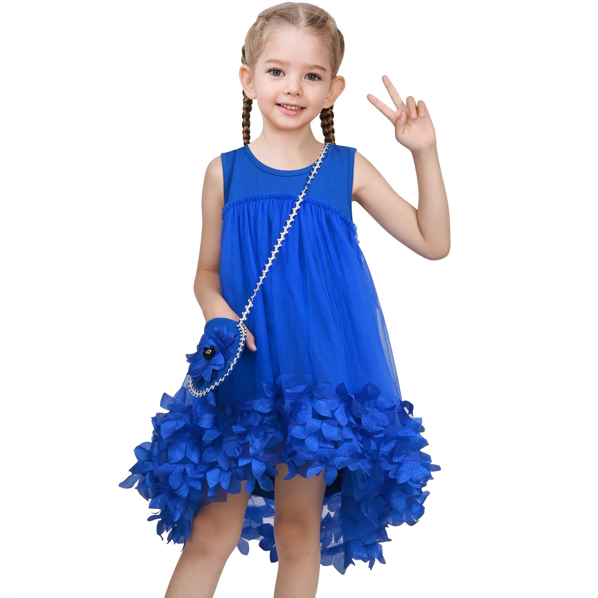 Girls Dress Turquoise Dimensional Flower Birthday Wedding Dress - Blue
