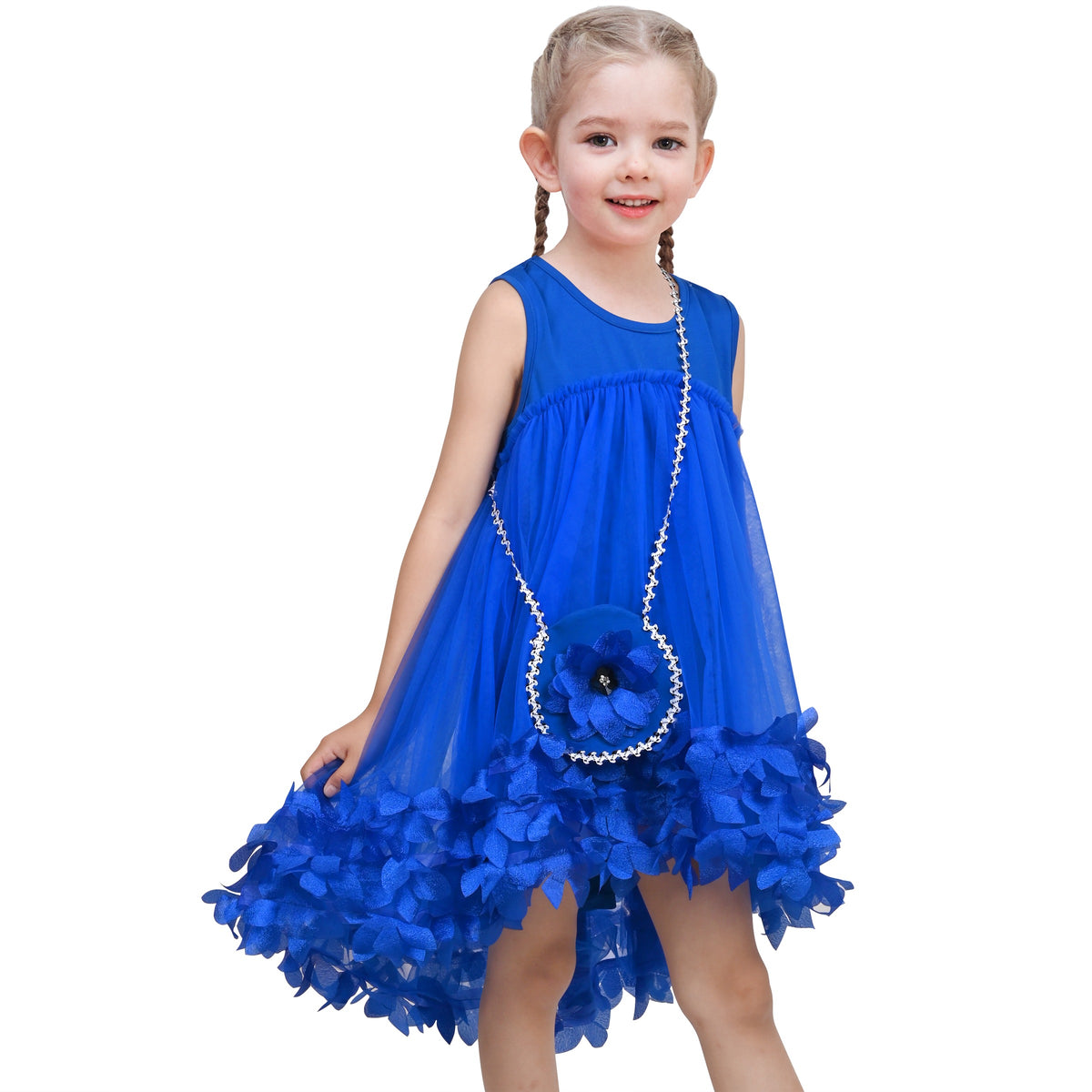Girls Dress Turquoise Dimensional Flower Birthday Wedding Dress - Blue
