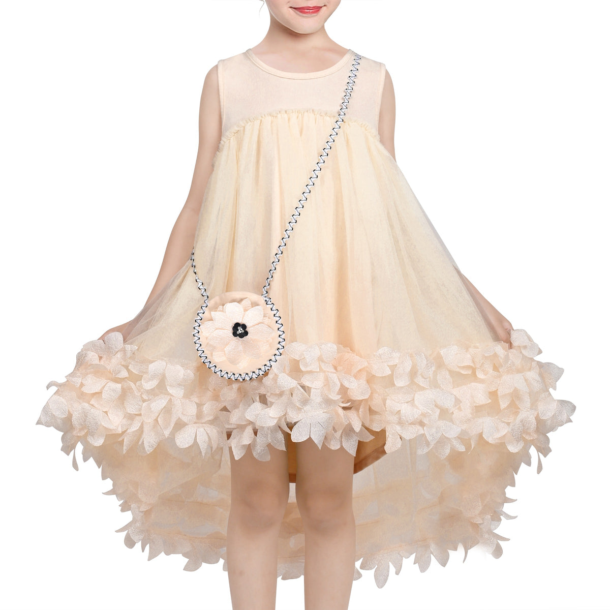 Girls Dress Turquoise Dimensional Flower Birthday Wedding Dress - Beige