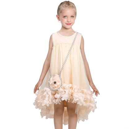 Girls Dress Turquoise Dimensional Flower Birthday Wedding Dress - Beige