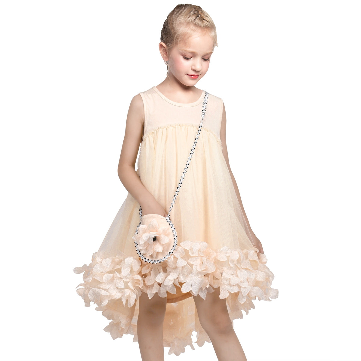 Girls Dress Turquoise Dimensional Flower Birthday Wedding Dress - Beige