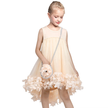 Girls Dress Turquoise Dimensional Flower Birthday Wedding Dress - Beige