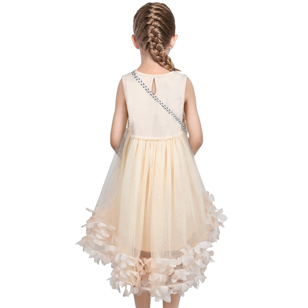 Girls Dress Turquoise Dimensional Flower Birthday Wedding Dress - Beige