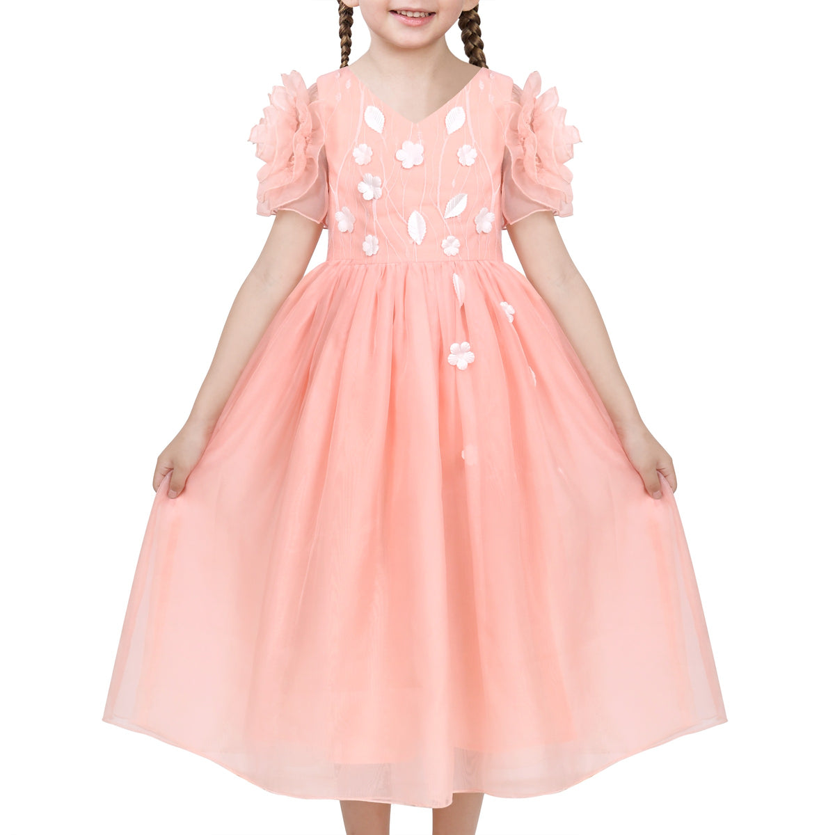 Girls Dress Red Tiered Layers Holiday Party Pageant Dress - Pink Flower Sleeve