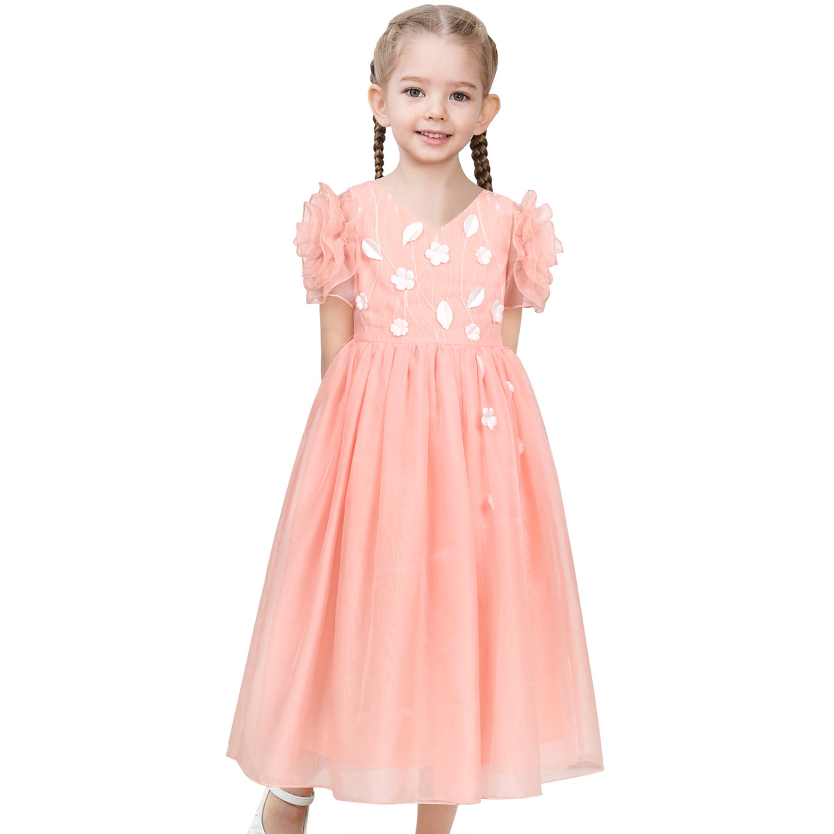Girls Dress Red Tiered Layers Holiday Party Pageant Dress - Pink Flower Sleeve