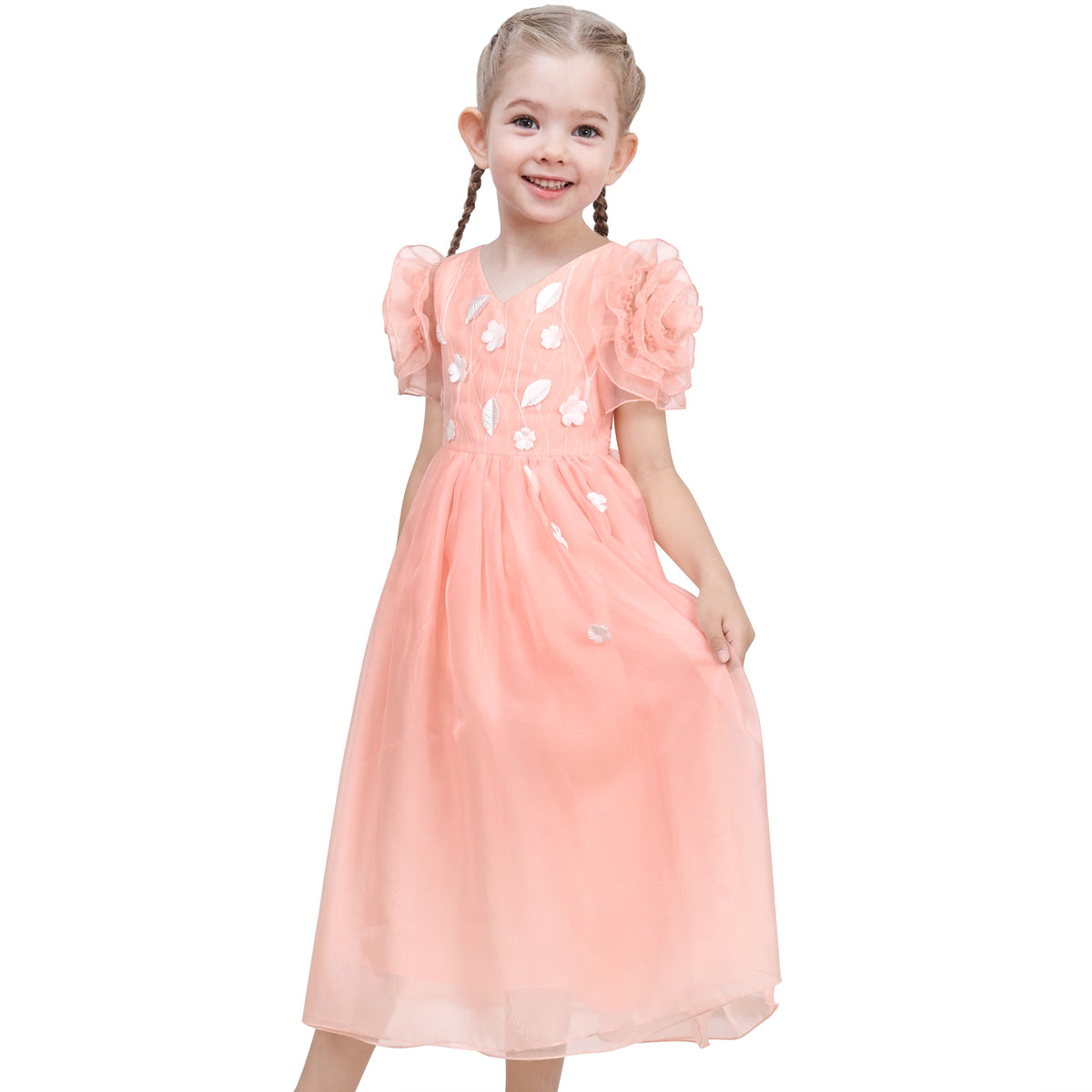 Girls Dress Red Tiered Layers Holiday Party Pageant Dress - Pink Flower Sleeve
