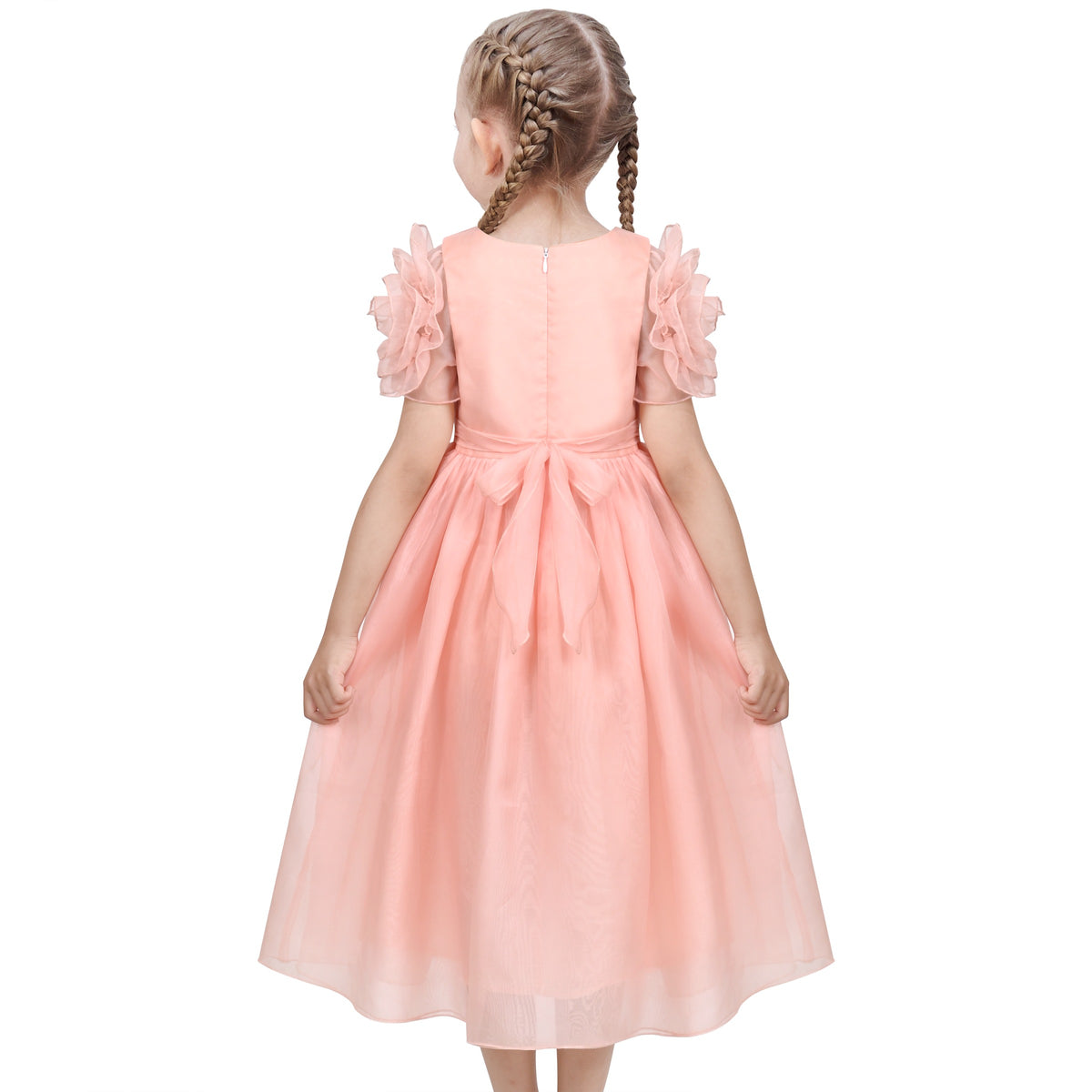 Girls Dress Red Tiered Layers Holiday Party Pageant Dress - Pink Flower Sleeve