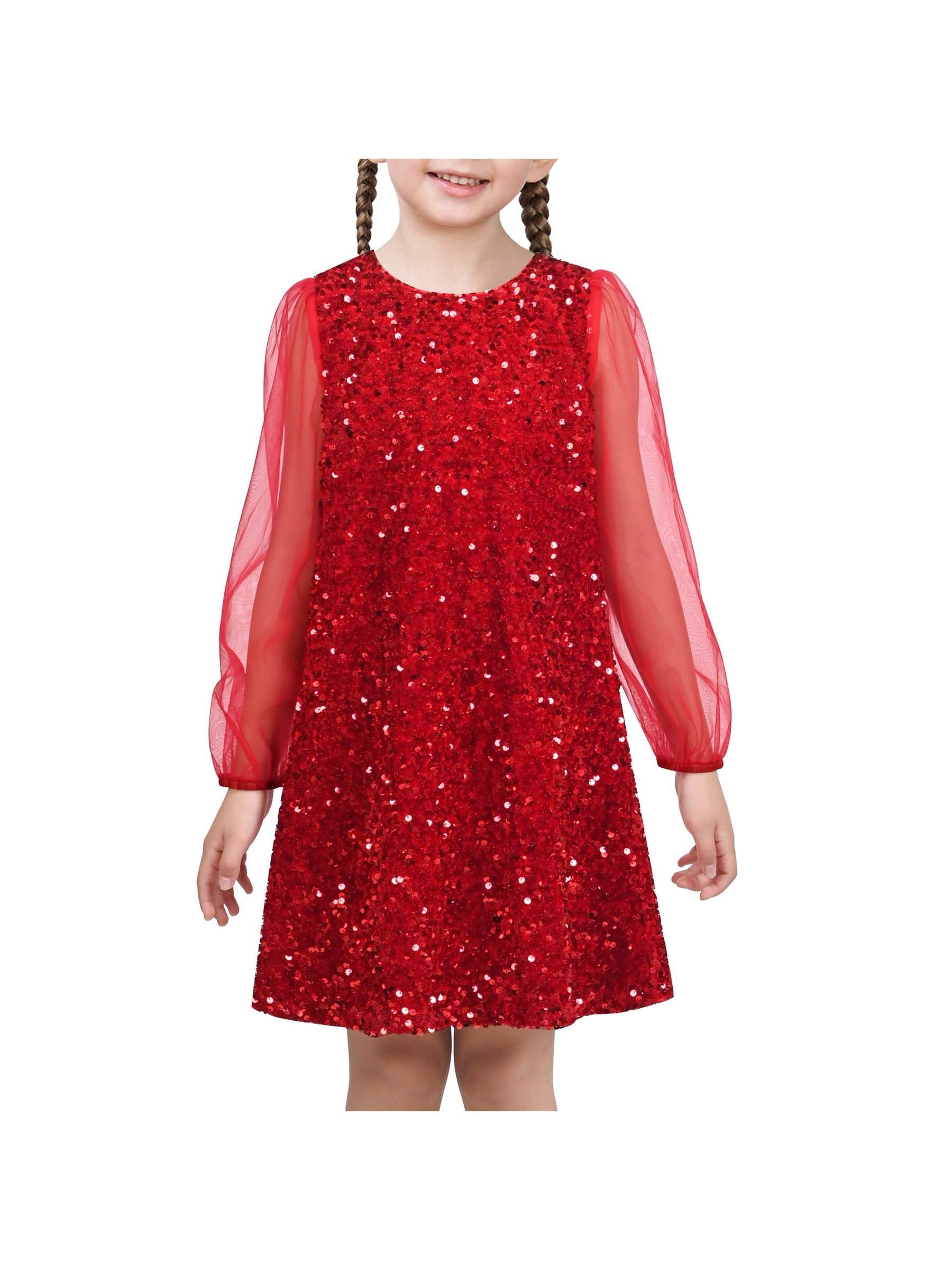 Girls Dress Black Sequin Sheer Mesh Long Sleeve Party Elegant Ball Gown Red