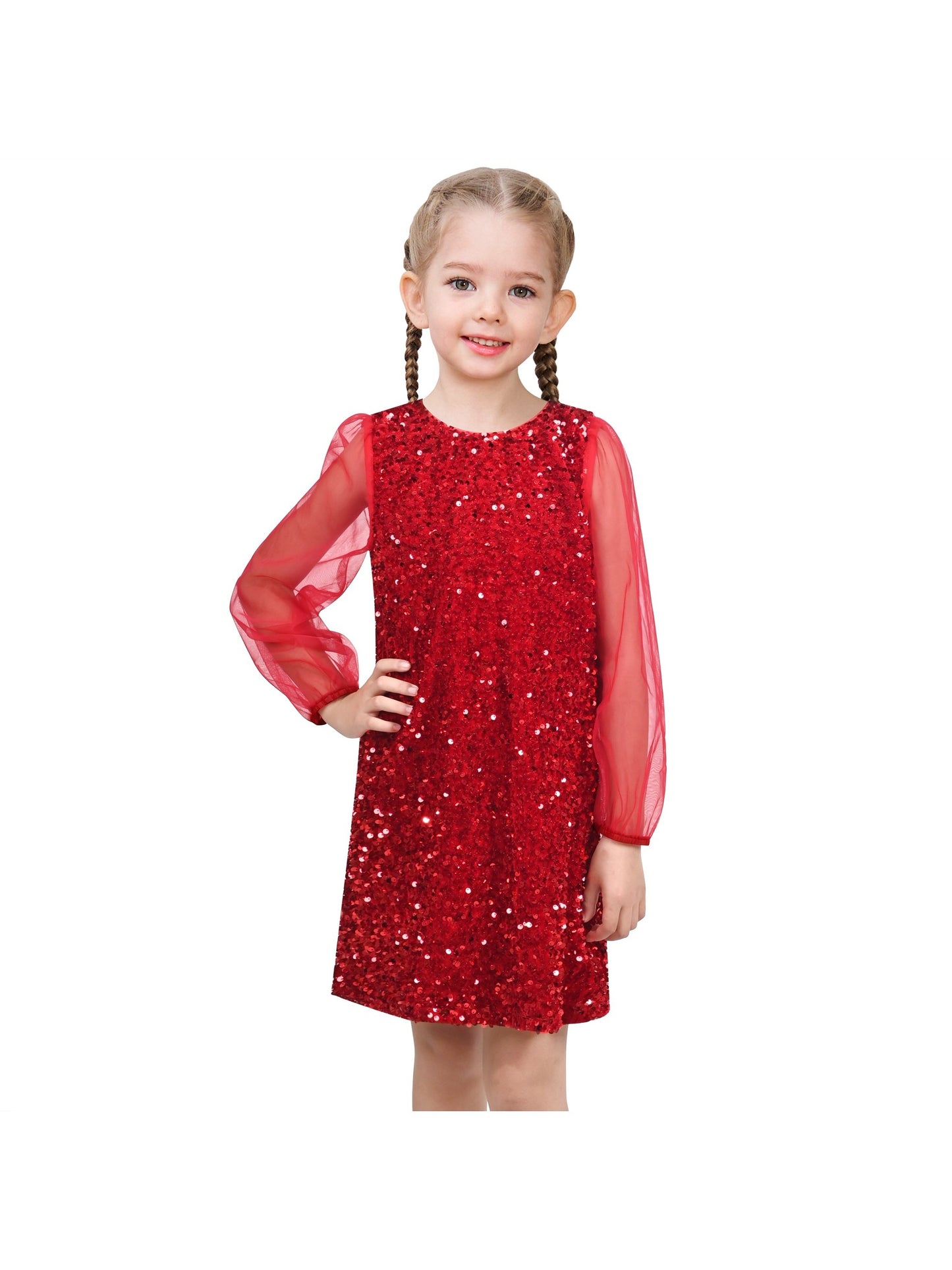 Girls Dress Black Sequin Sheer Mesh Long Sleeve Party Elegant Ball Gown Red