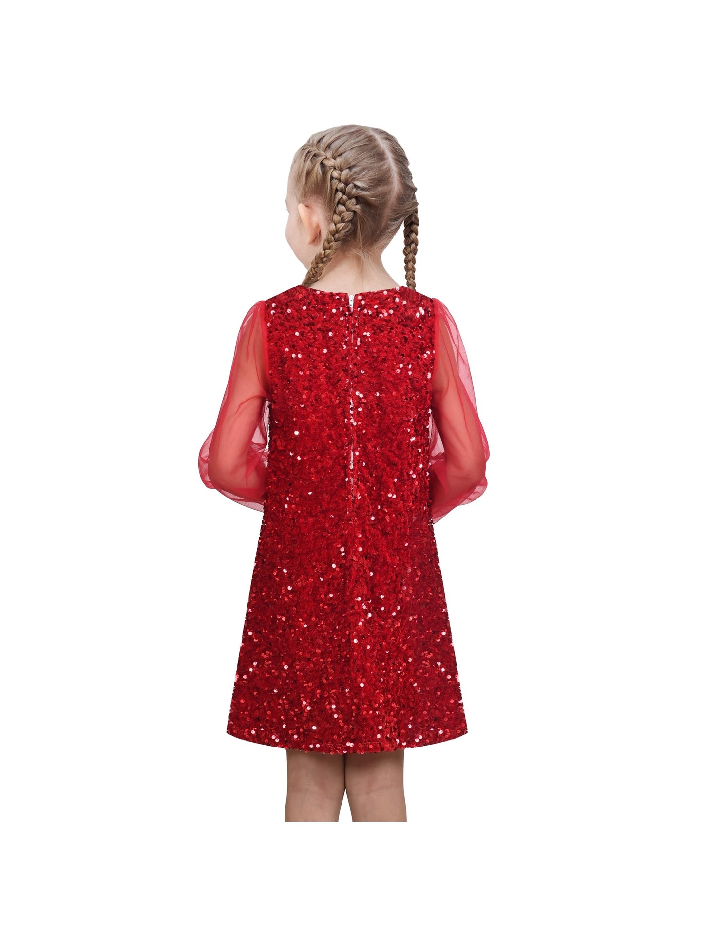 Girls Dress Black Sequin Sheer Mesh Long Sleeve Party Elegant Ball Gown Red
