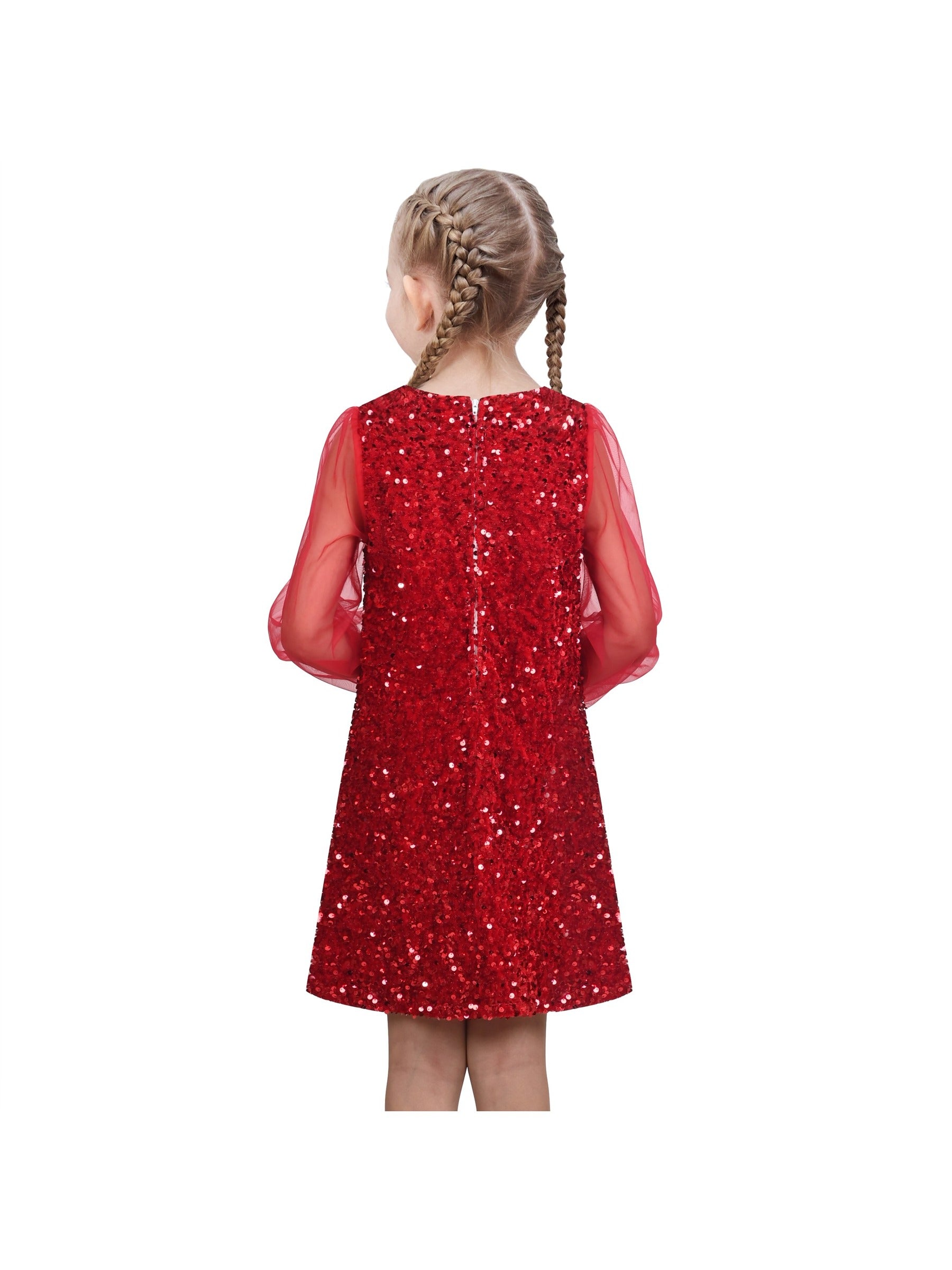 Girls Dress Black Sequin Sheer Mesh Long Sleeve Party Elegant Ball Gown Red