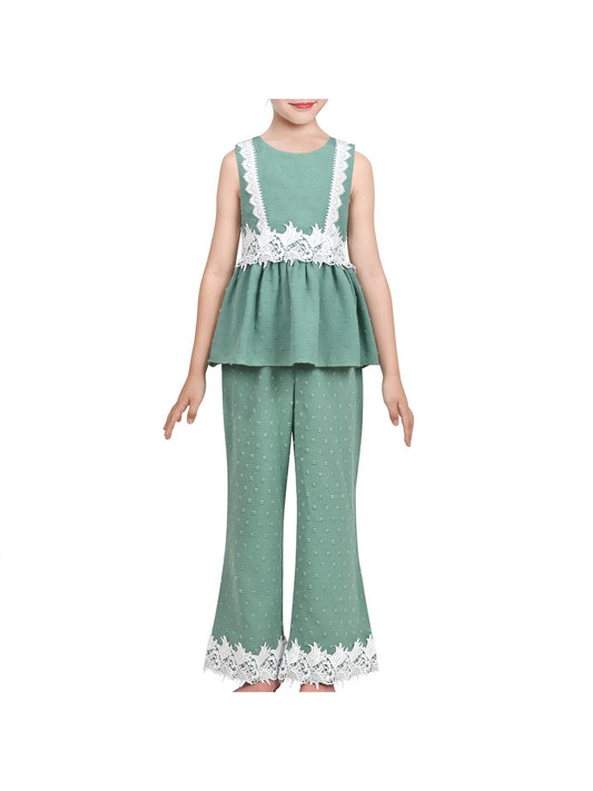 Girls 2 Piece Set Crop Top Wide Leg Pants Lace Hollow Back Sleeveless Green