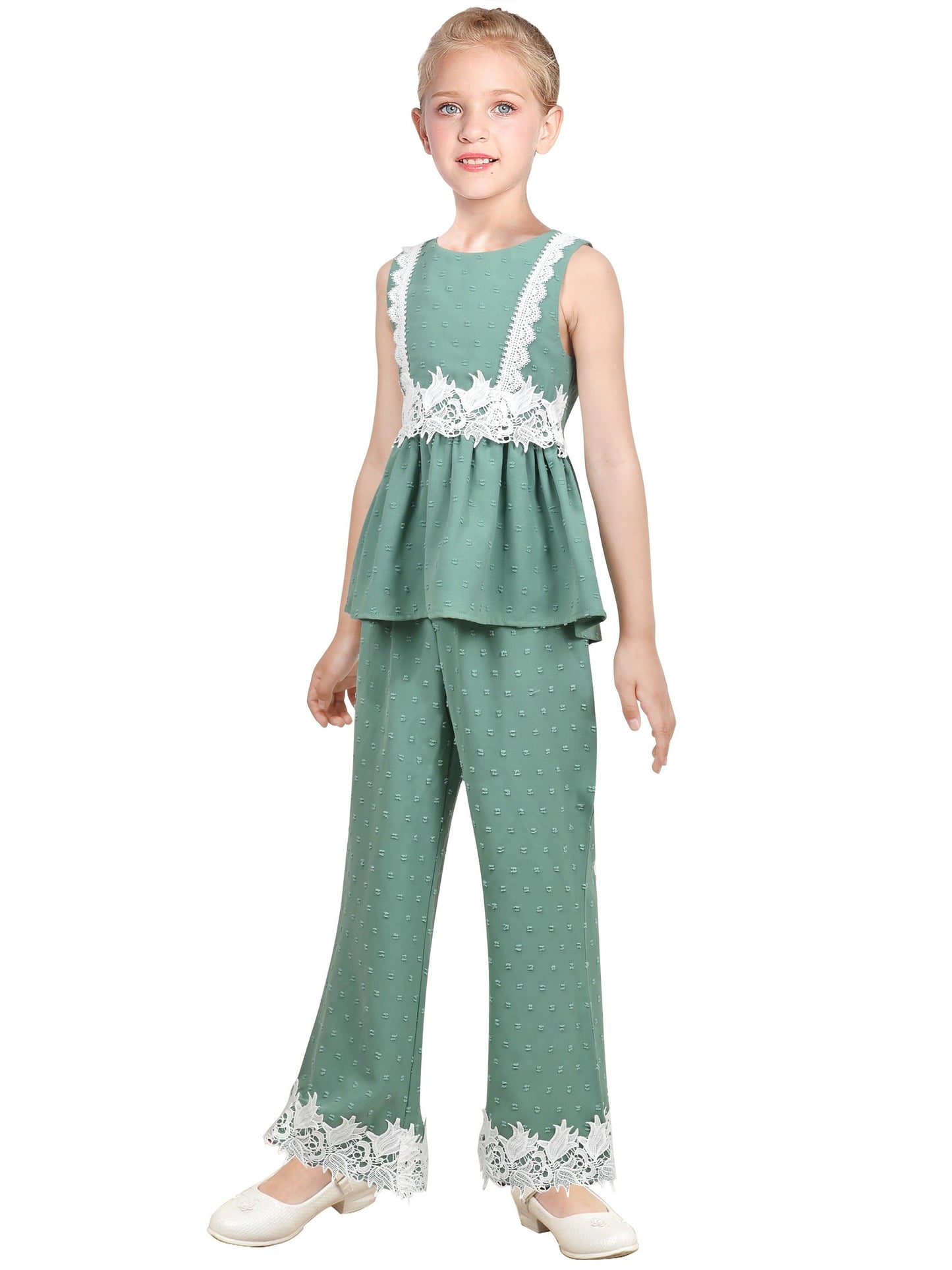 Girls 2 Piece Set Crop Top Wide Leg Pants Lace Hollow Back Sleeveless Green