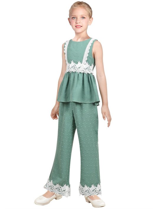 Girls 2 Piece Set Crop Top Wide Leg Pants Lace Hollow Back Sleeveless Green