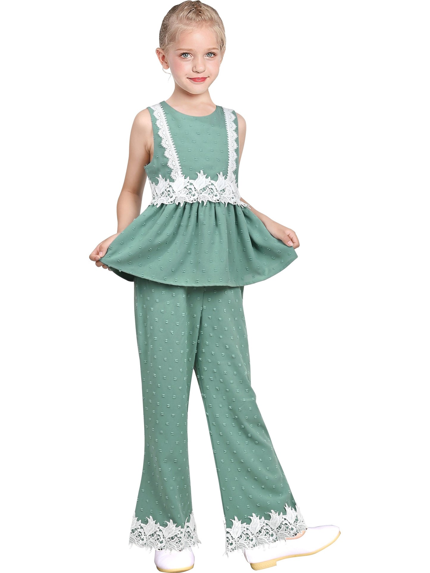 Girls 2 Piece Set Crop Top Wide Leg Pants Lace Hollow Back Sleeveless Green