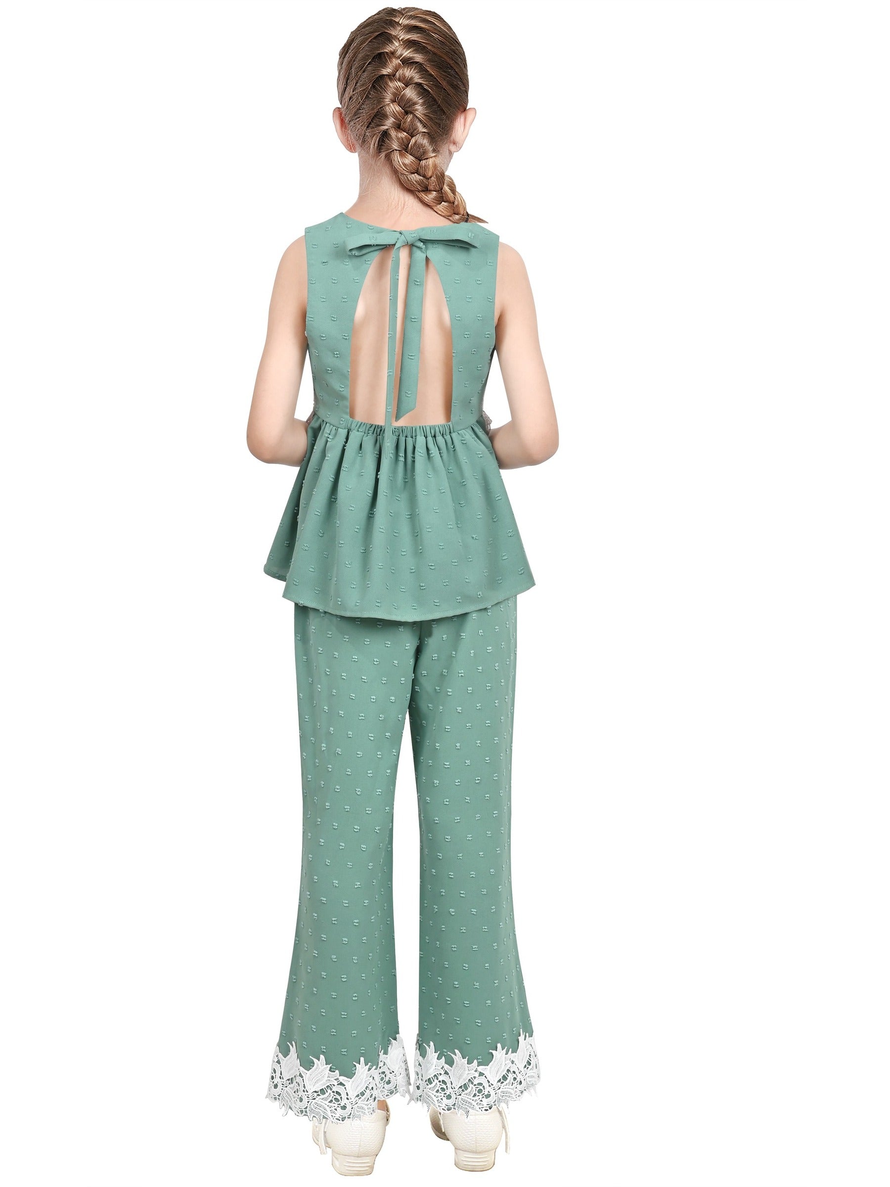 Girls 2 Piece Set Crop Top Wide Leg Pants Lace Hollow Back Sleeveless Green