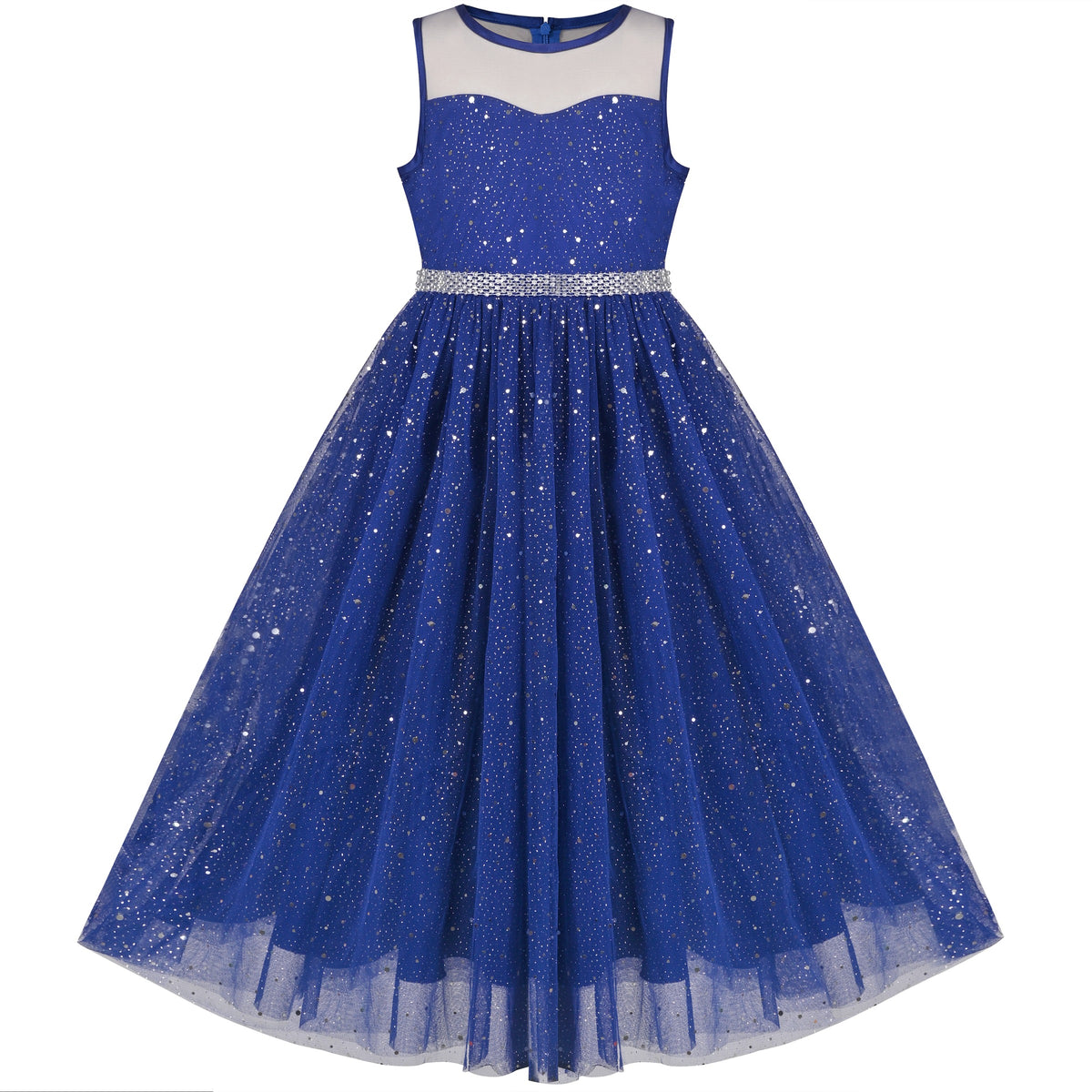 Girls Dress Green Lace Tulle Gradient Skirt Shiny Star Sleeveless - Blue