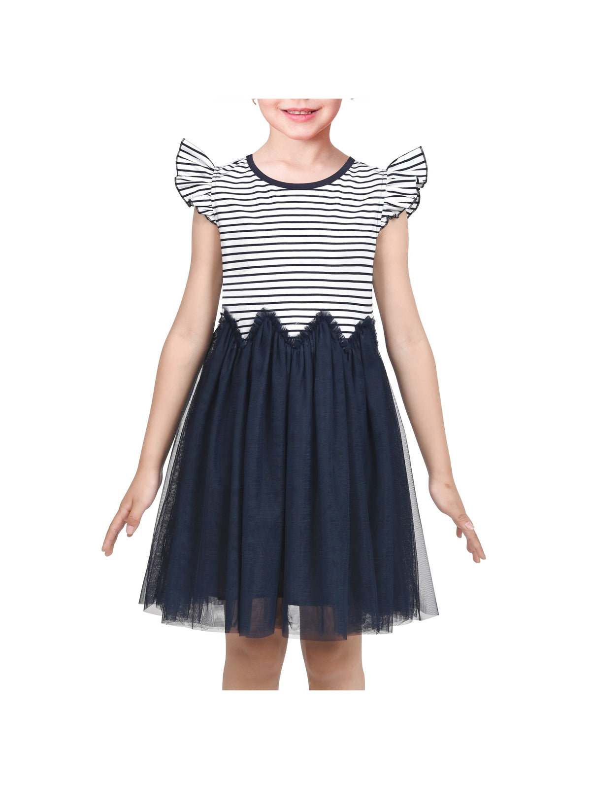 Girls Dress Tutu Skirt Cake Layered Grey Suspender Shiny Star Sleeveless - Navy Blue Striped