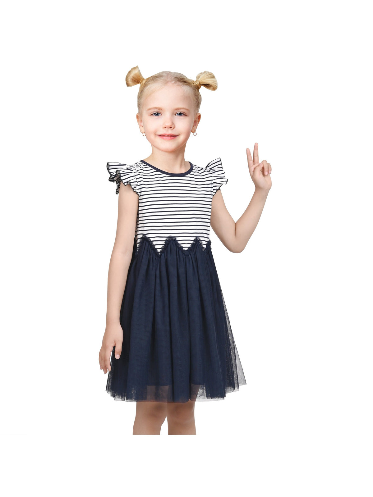 Girls Dress Tutu Skirt Cake Layered Grey Suspender Shiny Star Sleeveless - Navy Blue Striped