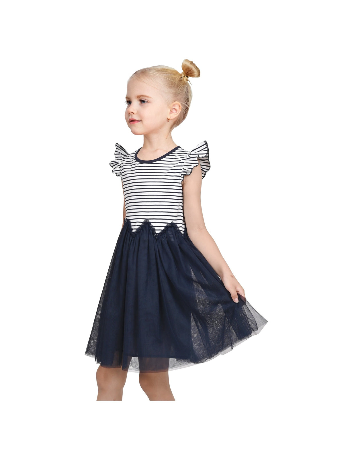 Girls Dress Tutu Skirt Cake Layered Grey Suspender Shiny Star Sleeveless - Navy Blue Striped