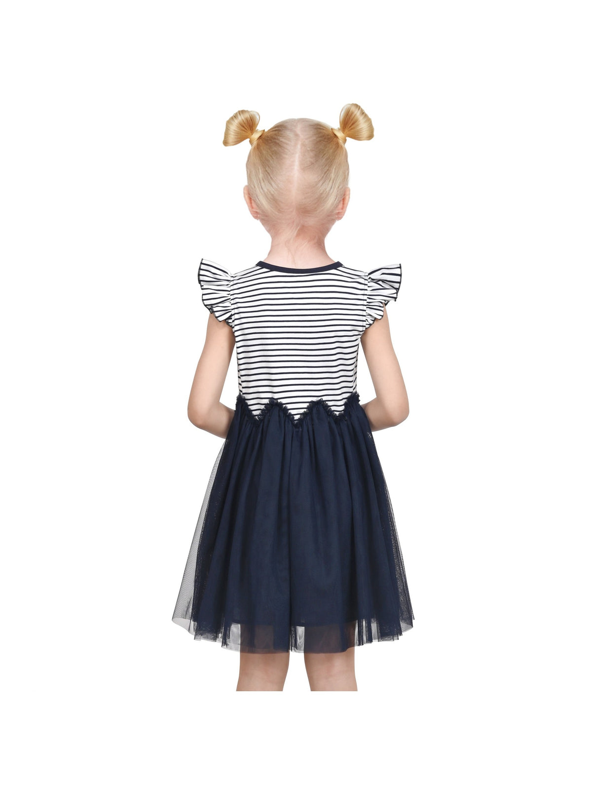 Girls Dress Tutu Skirt Cake Layered Grey Suspender Shiny Star Sleeveless - Navy Blue Striped