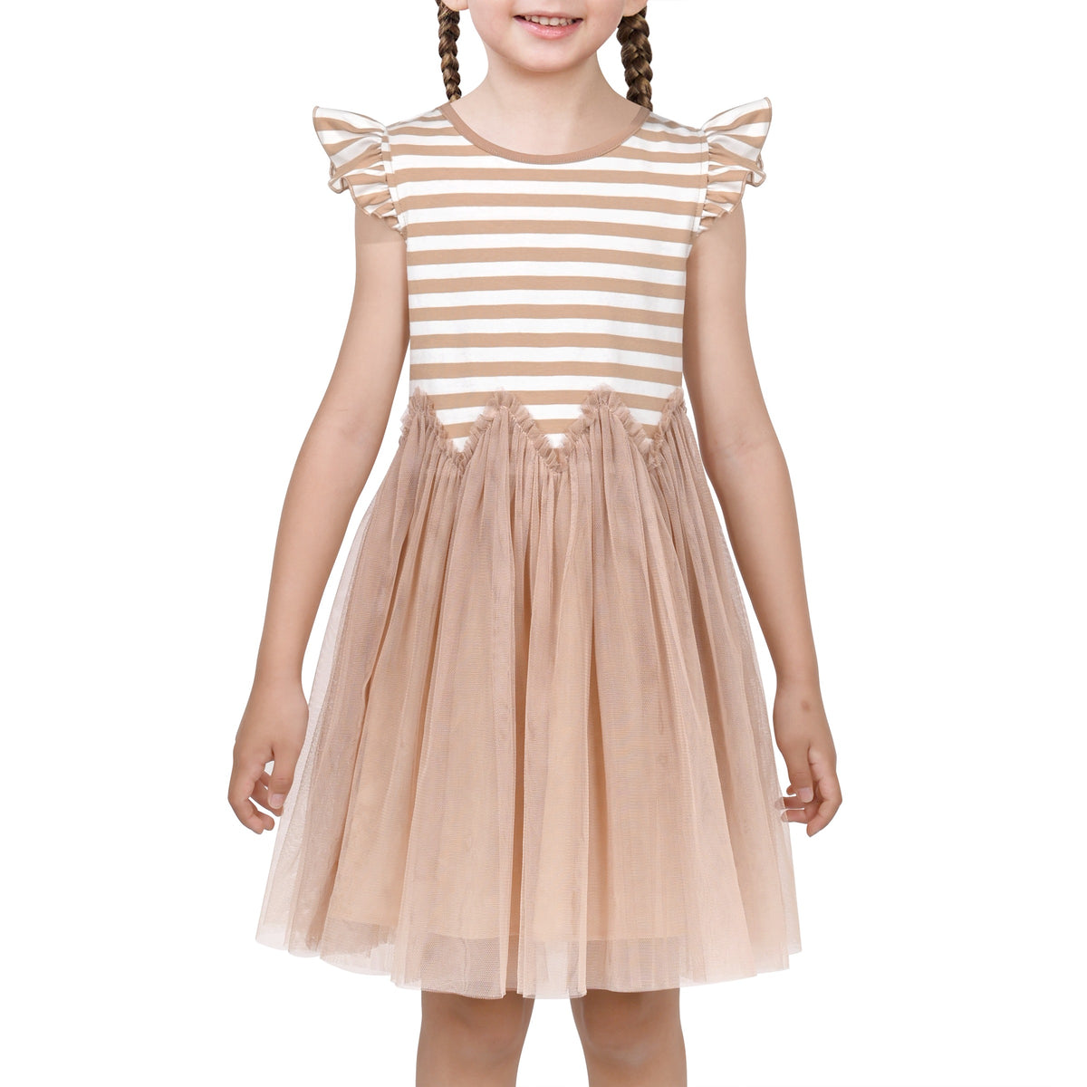 Girls Dress Tutu Skirt Cake Layered Grey Suspender Shiny Star Sleeveless - Beige Brown