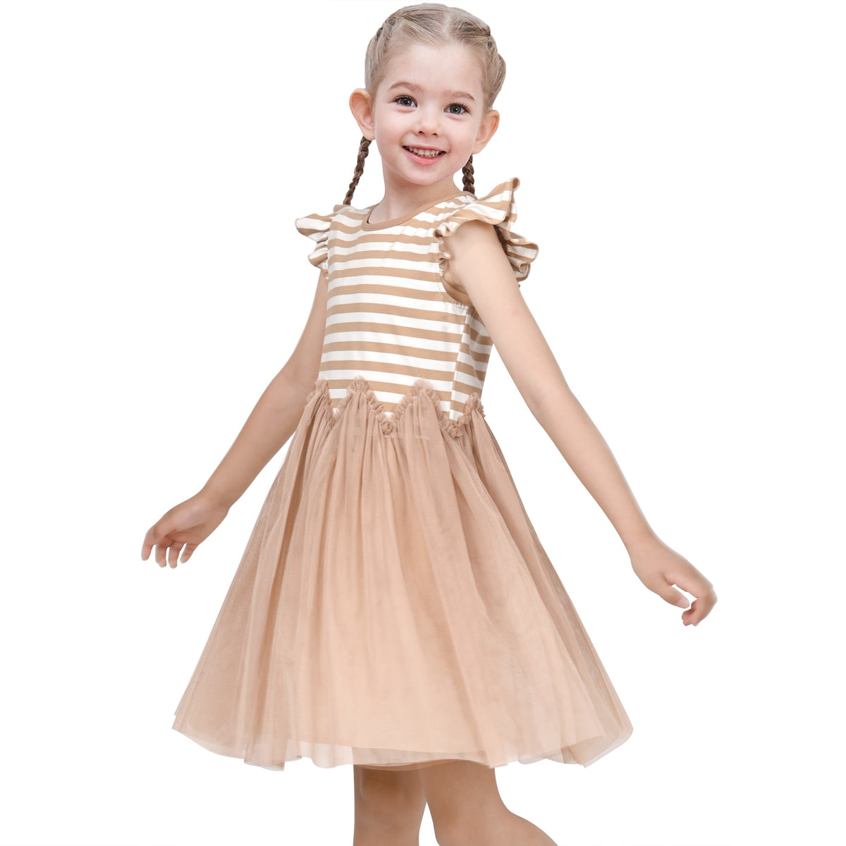 Girls Dress Tutu Skirt Cake Layered Grey Suspender Shiny Star Sleeveless - Beige Brown