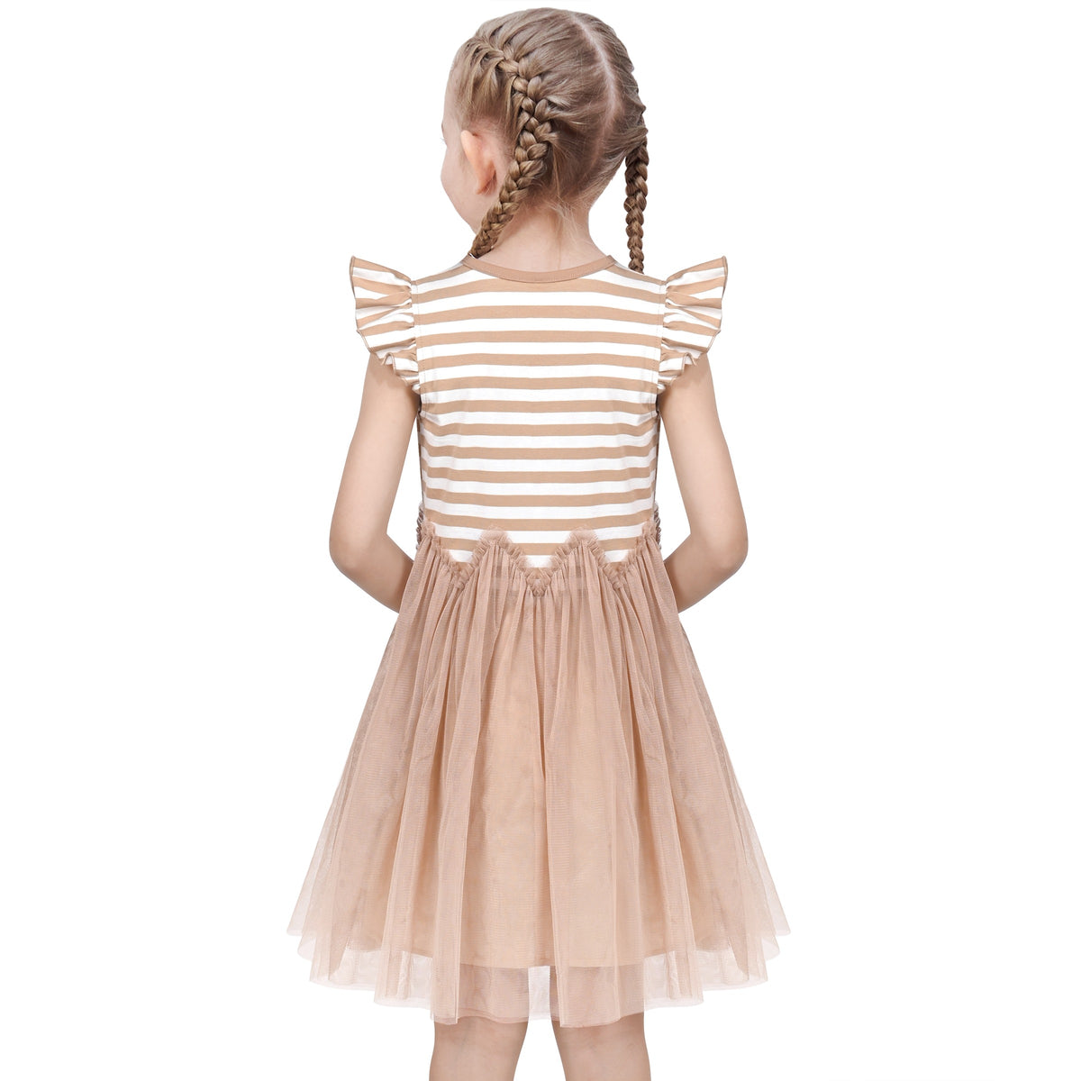 Girls Dress Tutu Skirt Cake Layered Grey Suspender Shiny Star Sleeveless - Beige Brown