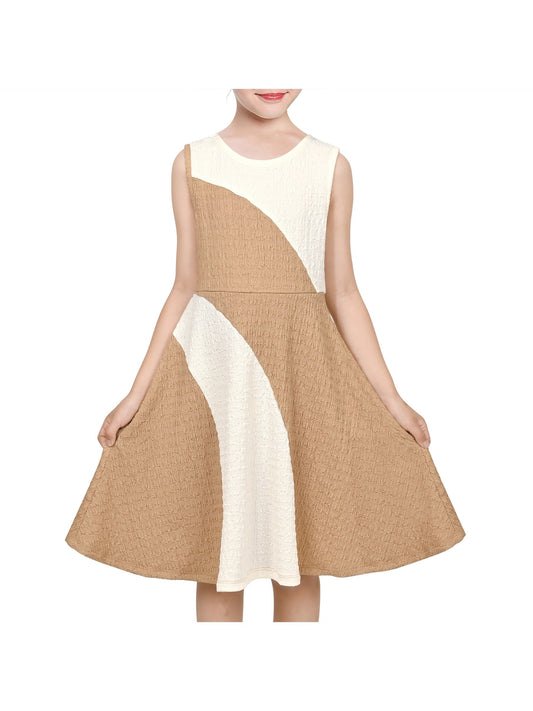 Girls Dress Brown Color Block Contrast Sleeveless School Casual Elegant Brown