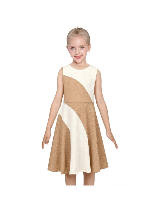 Girls Dress Brown Color Block Contrast Sleeveless School Casual Elegant Brown